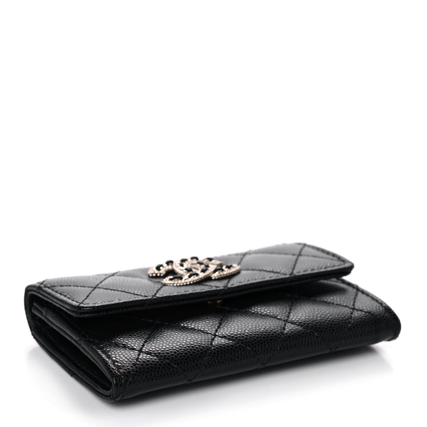 Caviar Quilted Crystal CC Flap Card Holder Black
