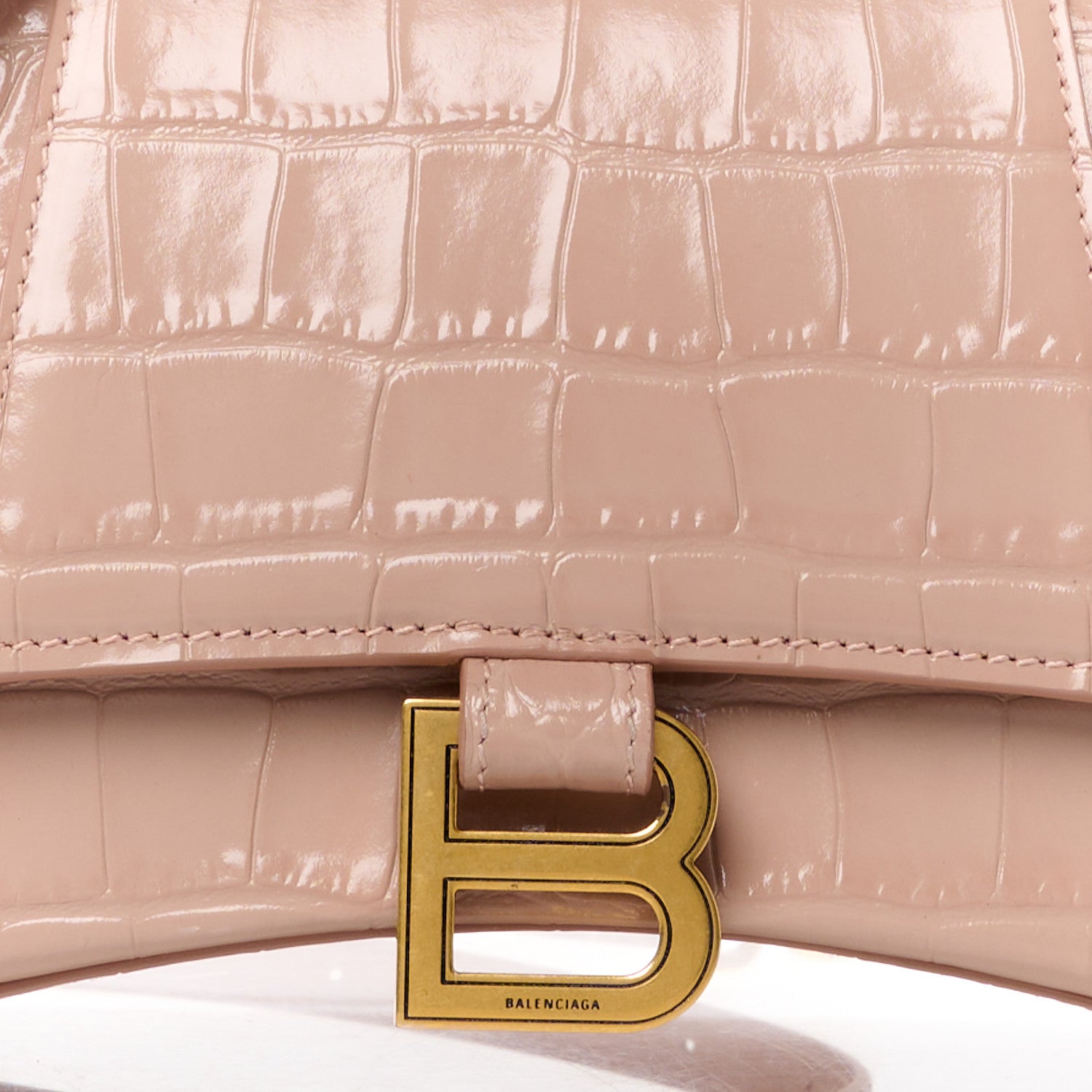Balenciaga Shiny Calfskin Crocodile Embossed Small Hourglass Top Handle Bag Nude Beige 9 of 13