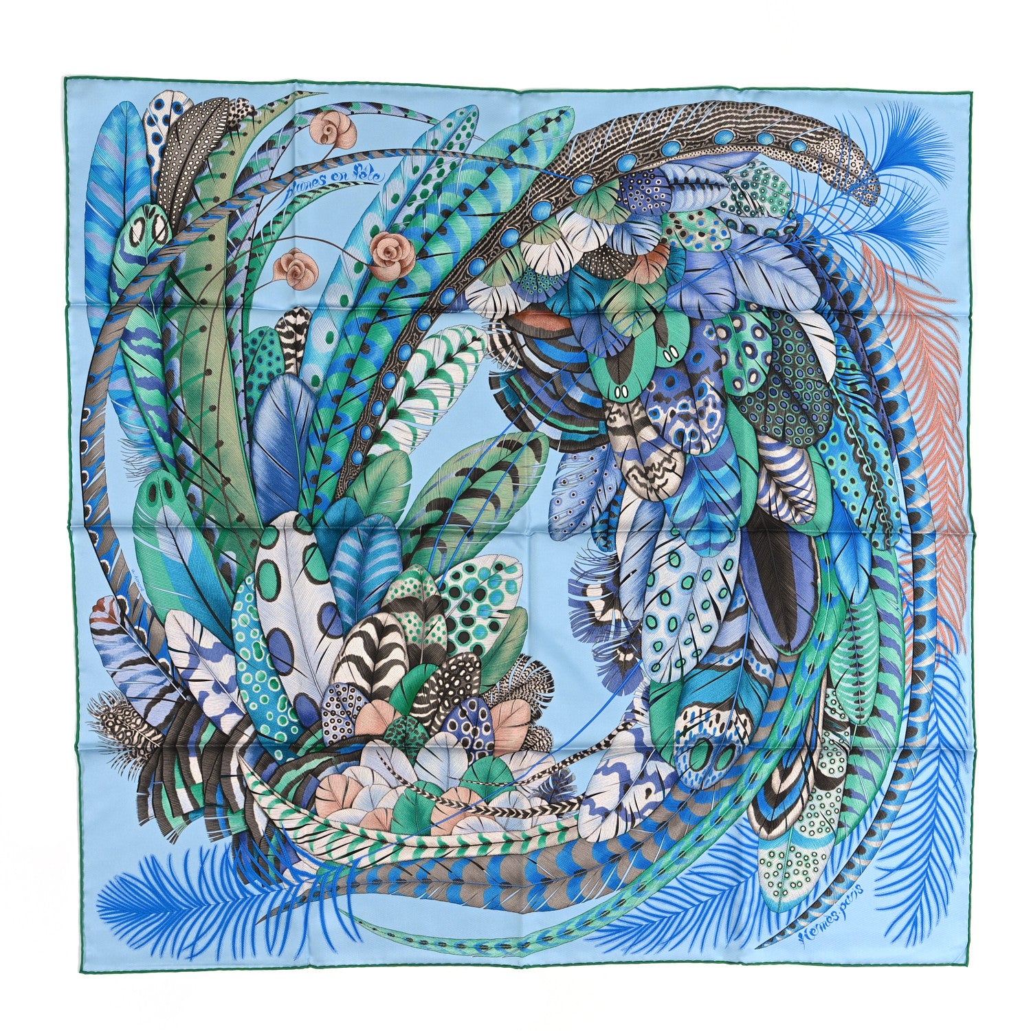 Hermes Silk Plumes En Fete Scarf 90 Ciel Vert Brun 1 of 4