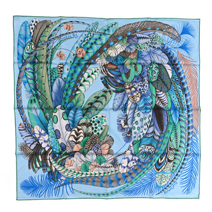 Hermes Silk Plumes En Fete Scarf 90 Ciel Vert Brun 1 of 4