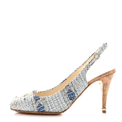 Chanel Tweed Crystal Cork CC Slingback Pumps 40 White Blue 1 of 9