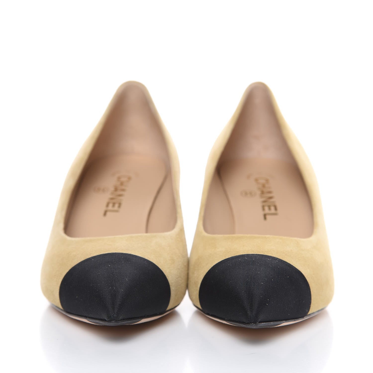 Chanel Kid Suede Grosgrain Cap Toe Pumps 38 Beige Black 2 of 11
