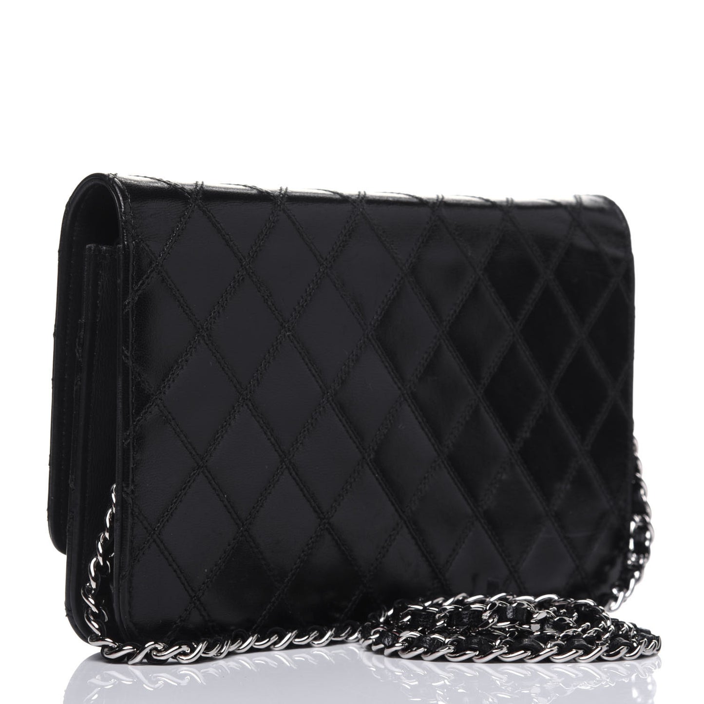 Lambskin Diamond Stitched Wallet On Chain WOC Black