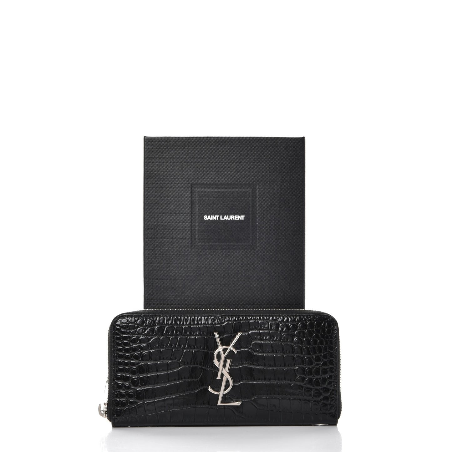 Calfskin Crocodile Embossed Monogram Zip Around Wallet Black