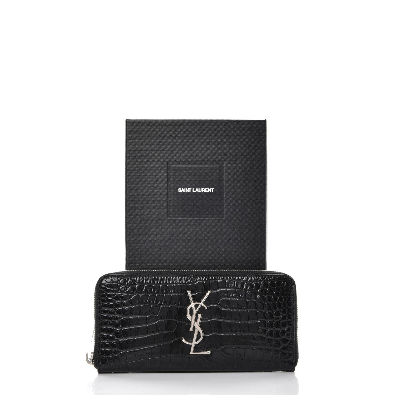 Saint Laurent Calfskin Crocodile Embossed Monogram Zip Around Wallet Black 8 of 8
