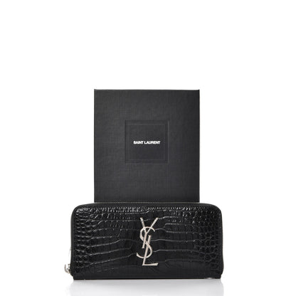 Saint Laurent Calfskin Crocodile Embossed Monogram Zip Around Wallet Black 8 of 8