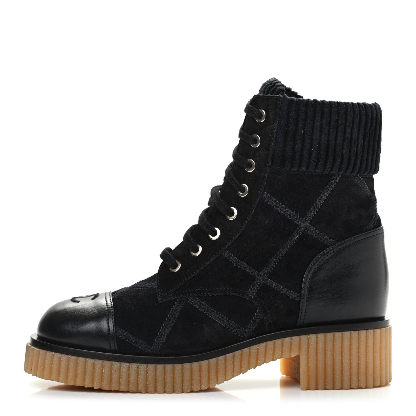 Suede Calfskin Velvet Quilted CC Combat Boots 37.5 Black