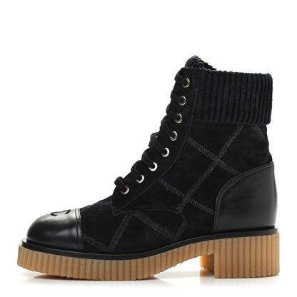 Chanel Suede Calfskin Velvet Quilted CC Combat Boots 37.5 Black 1 of 9