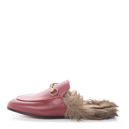 Gucci Betis Glamour Calfskin Fur Womens Princetown Slippers 35 Hibiscus Red Naturale 1 of 7
