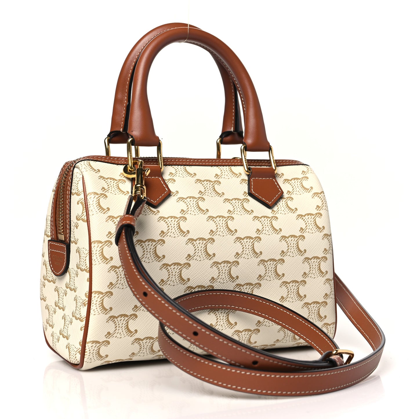 Triomphe Canvas Calfskin Small Boston Bag White