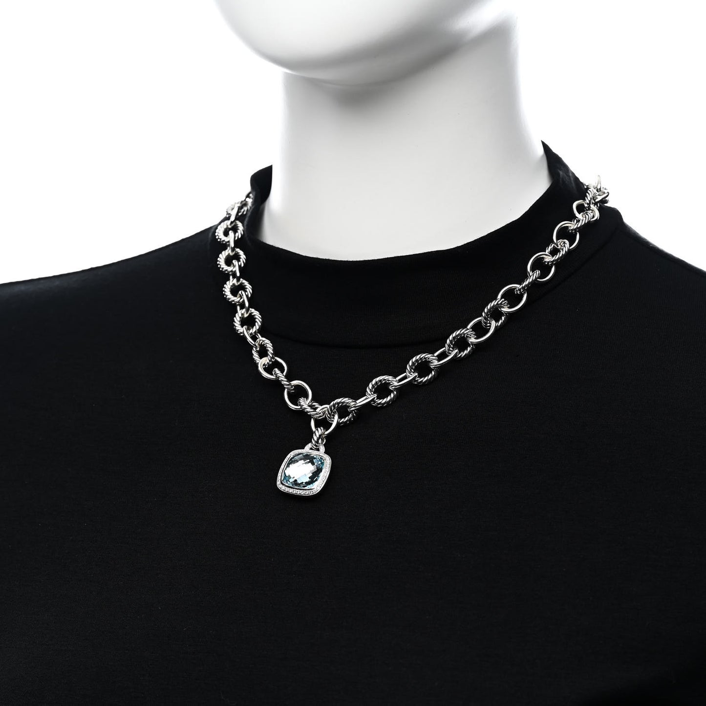 Sterling Silver Blue Topaz Diamond 14mm Albion Pendant Cable Necklace