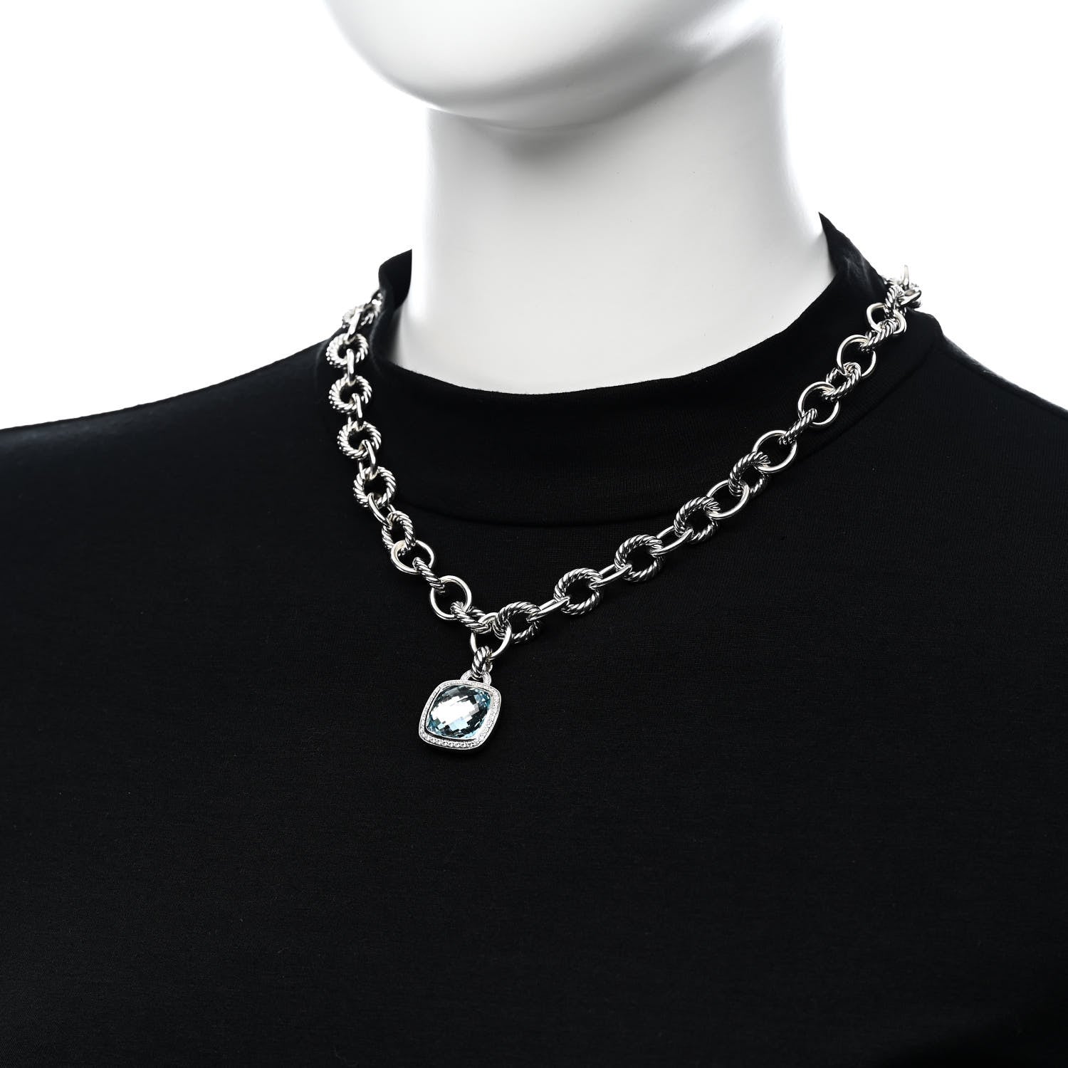 David Yurman Sterling Silver Blue Topaz Diamond 14mm Albion Pendant Cable Necklace 2 of 5