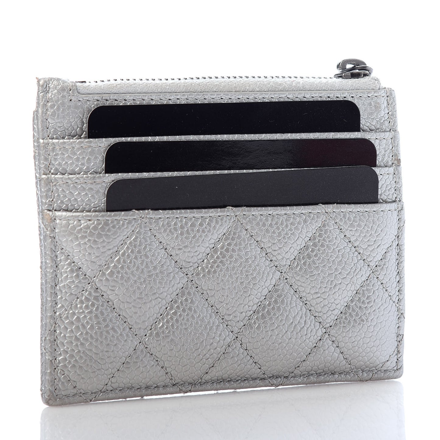 Metallic Caviar Quilted CC Zip Card Holder Silver
