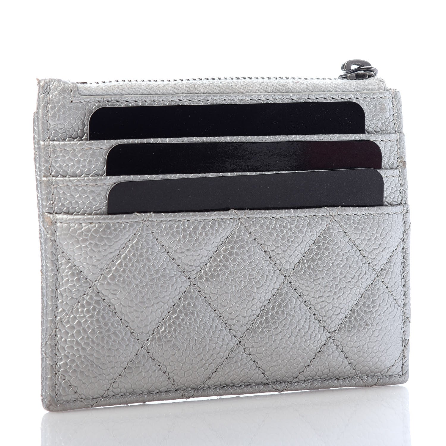Chanel Metallic Caviar Quilted CC Zip Card Holder Silver 3 of 8
