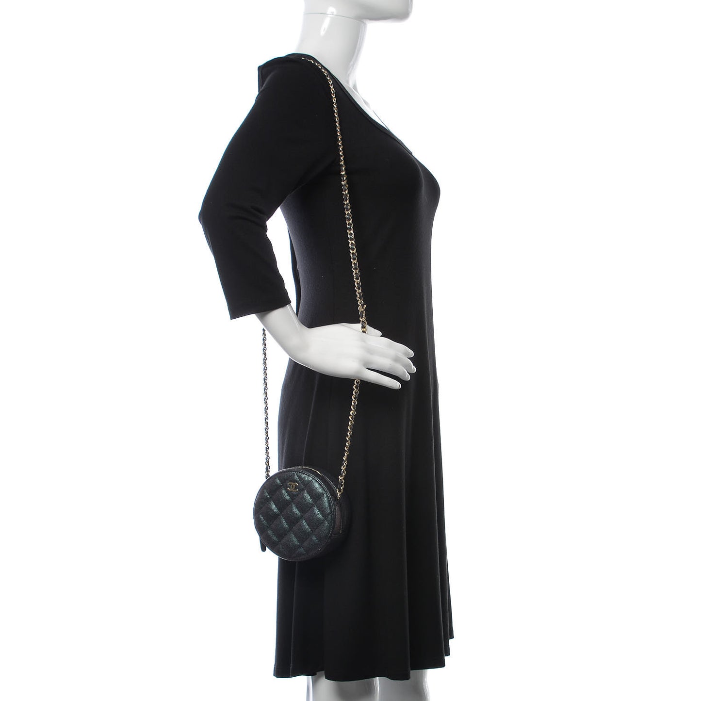 Iridescent Caviar Quilted Round Clutch With Chain Black