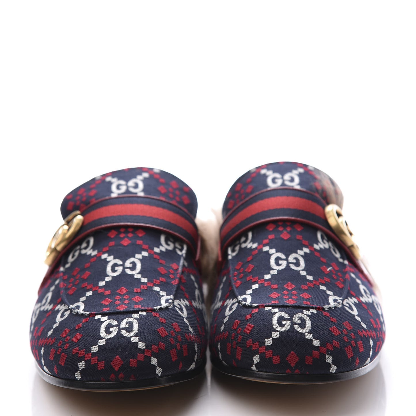 Canvas GG Monogram Diamond Fur Web GG Mens Princetown Slippers 12.5 Midnight Blue Hibiscus Red