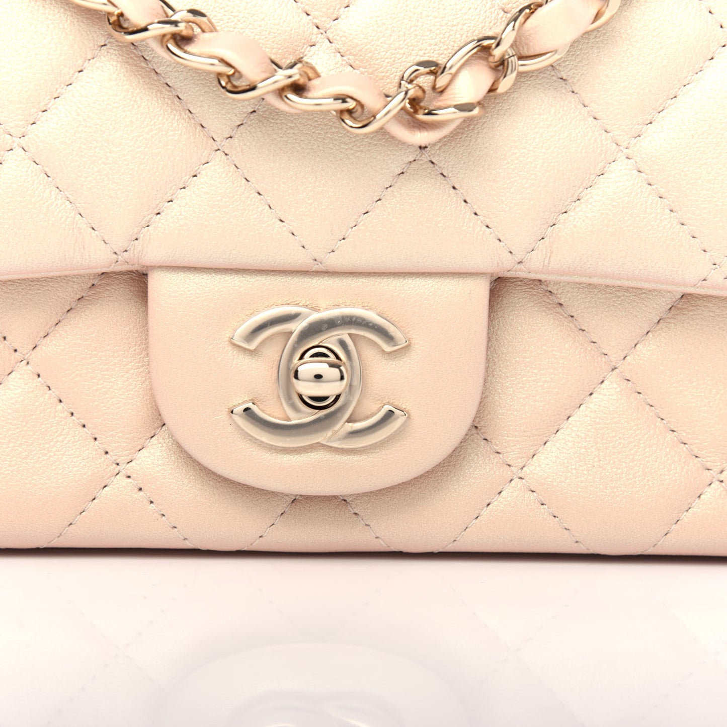 Iridescent Calfskin Quilted Mini Rectangular Flap Beige