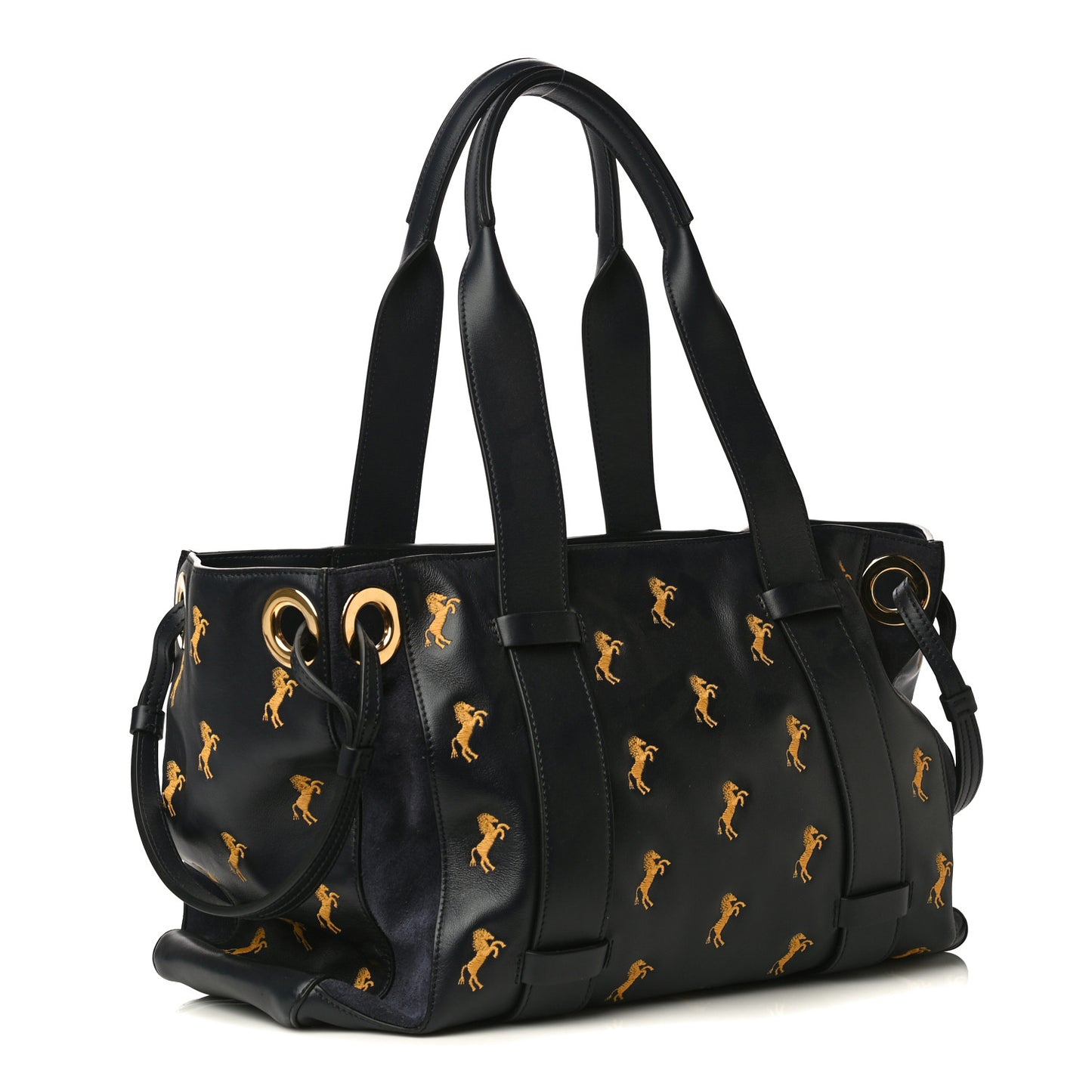 Smooth Calfskin Little Horses Embroidered Tao Zipped Tote Full Blue