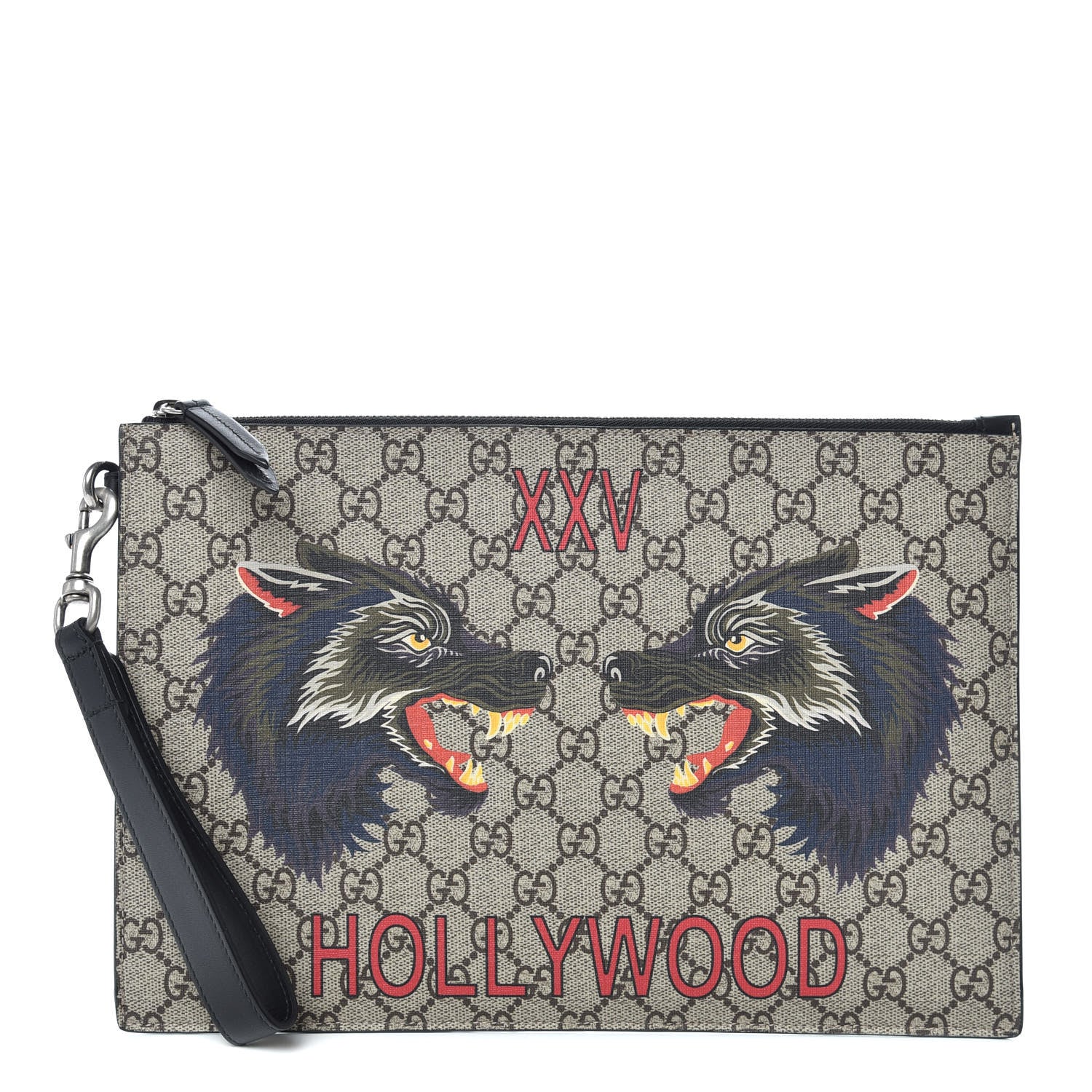 Gucci GG Supreme Monogram Wolf Zip Wristlet Pouch Beige 1 of 9