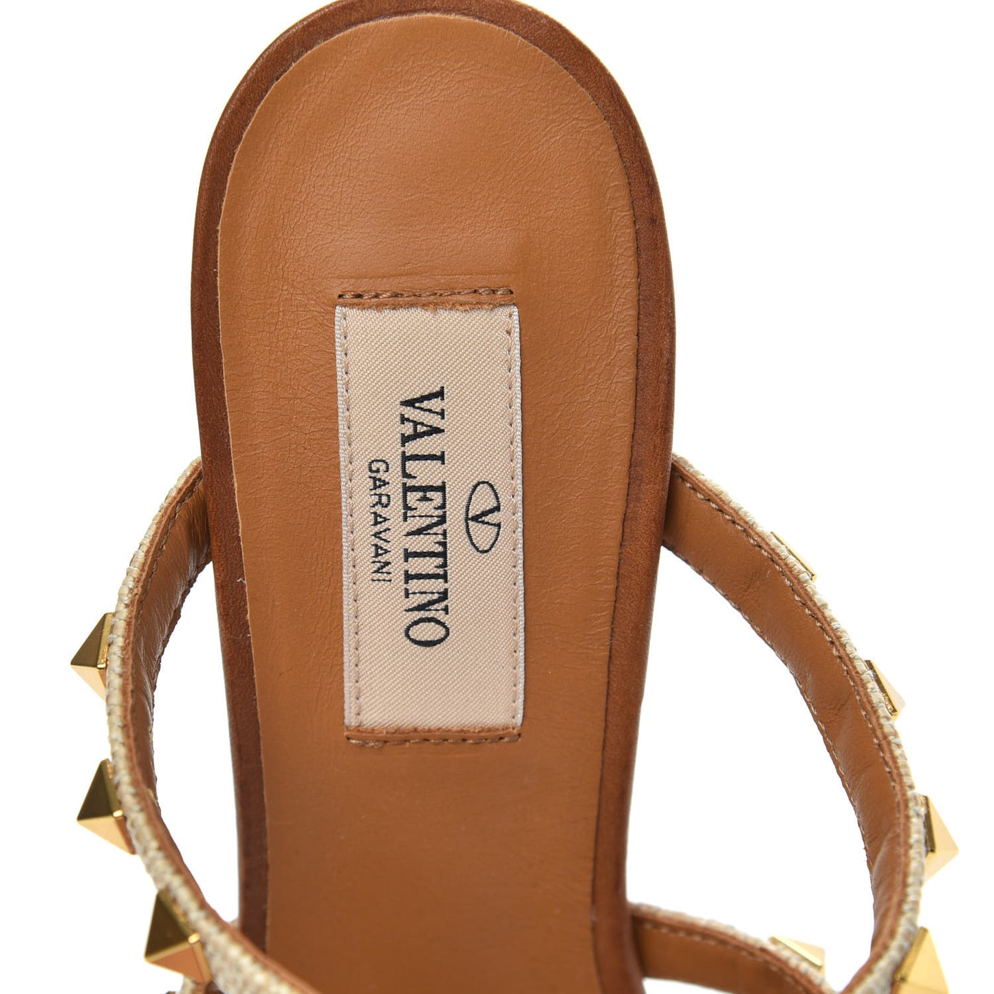 Raffia Calfskin Rockstud 60mm Caged Slide Sandals 36.5 Naturale