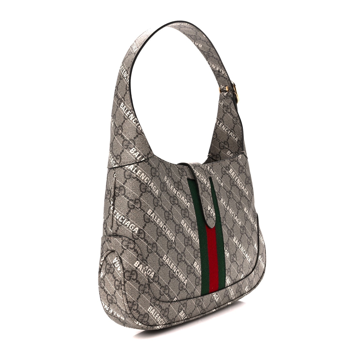 X BALENCIAGA GG Supreme Monogram Striped Logo Print Web Small Jackie 1961 Hobo Beige Ebony Mystic White