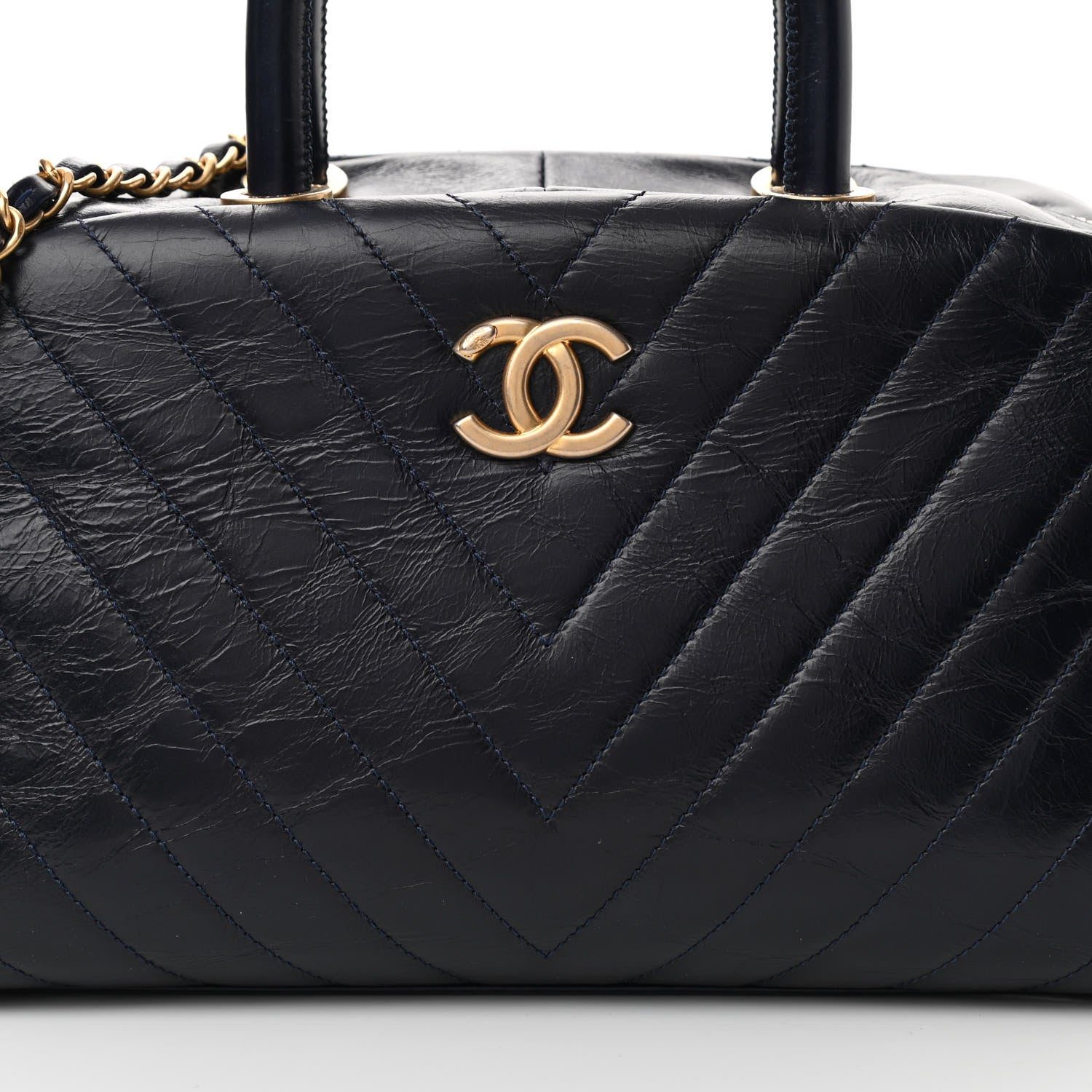 Chanel Glazed Calfskin Chevron Small Bowling Bag Navy 7 of 12