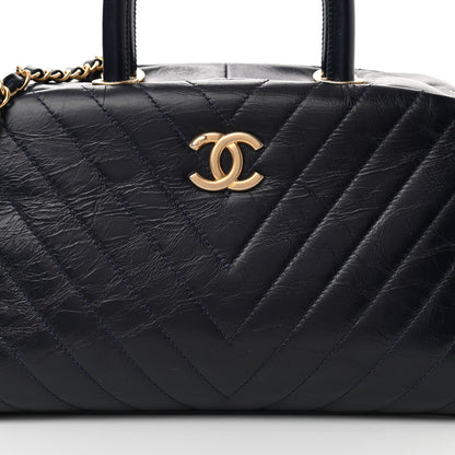 Chanel Glazed Calfskin Chevron Small Bowling Bag Navy 7 of 12
