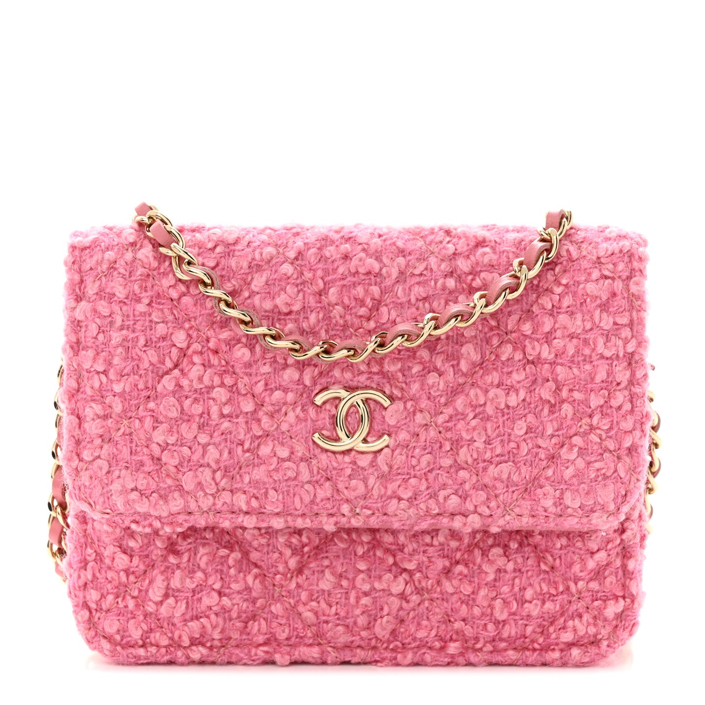 Tweed Quilted Flap Chain Waist Bag Pink