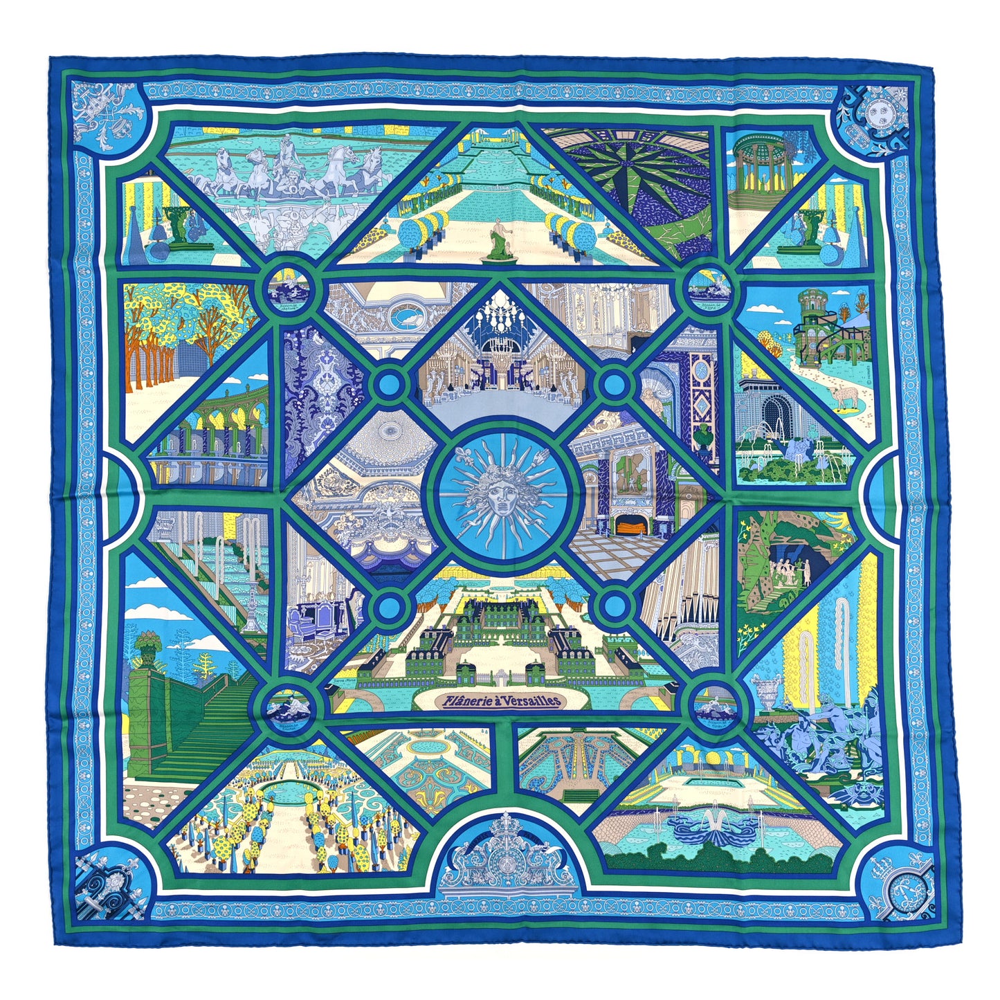 Silk Flanerie A Versailles Scarf 90 Bleu Roy Vert Jaune