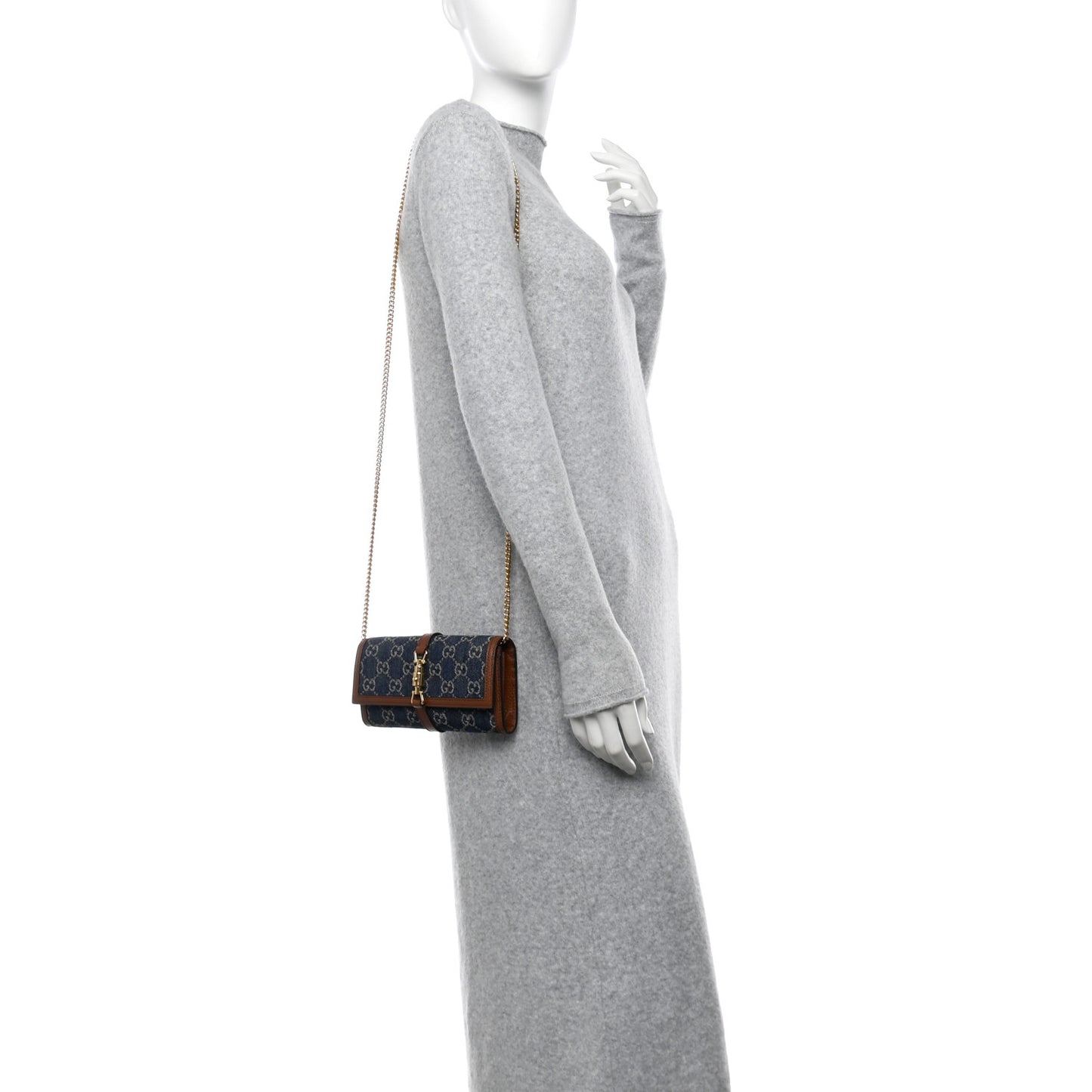 New Denim GG Monogram Jackie 1961 Chain Wallet Blue Tea Cuir