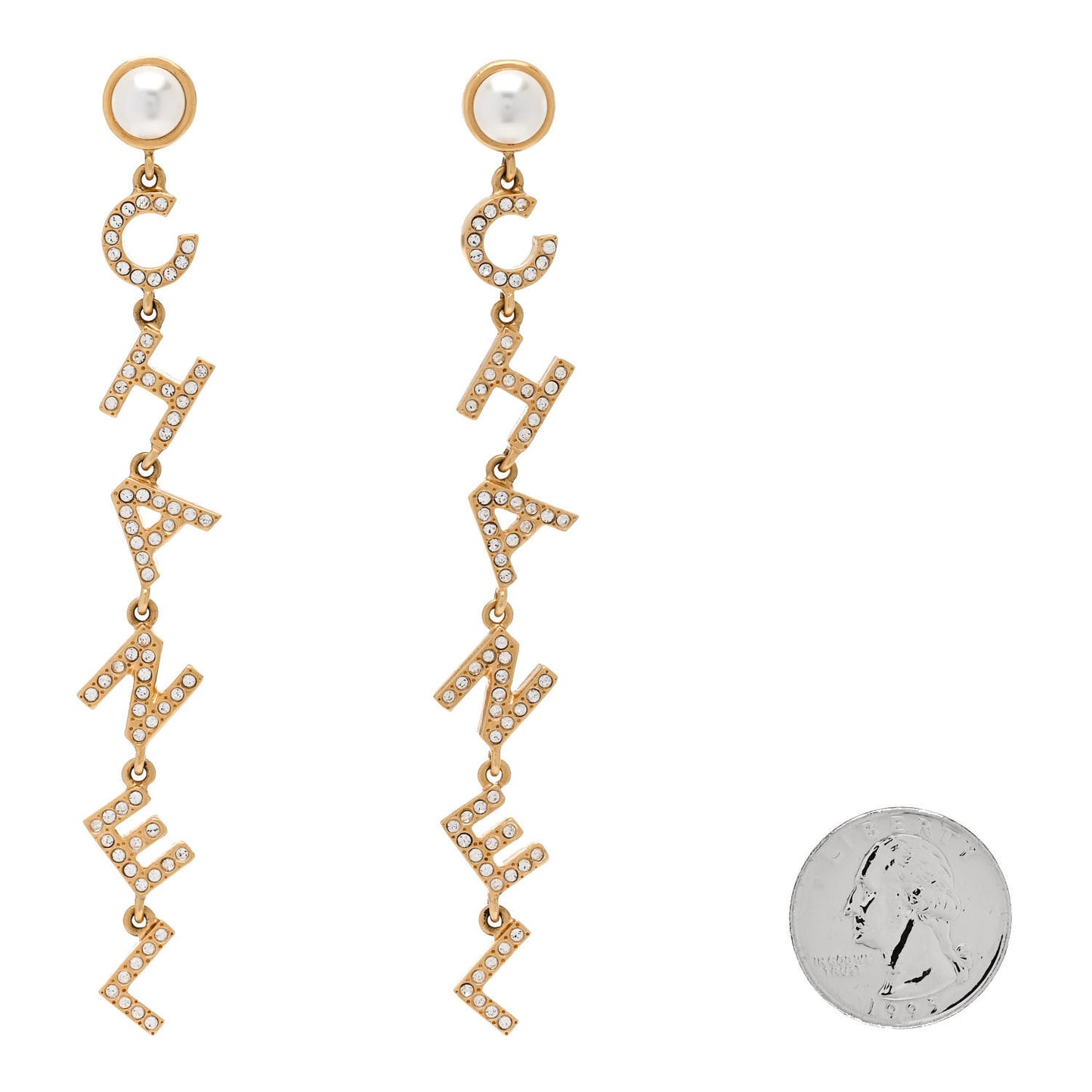 Crystal Pearl Logo Drop Earrings Gold