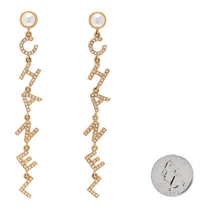 Chanel Crystal Pearl Logo Drop Earrings Gold 2 of 5
