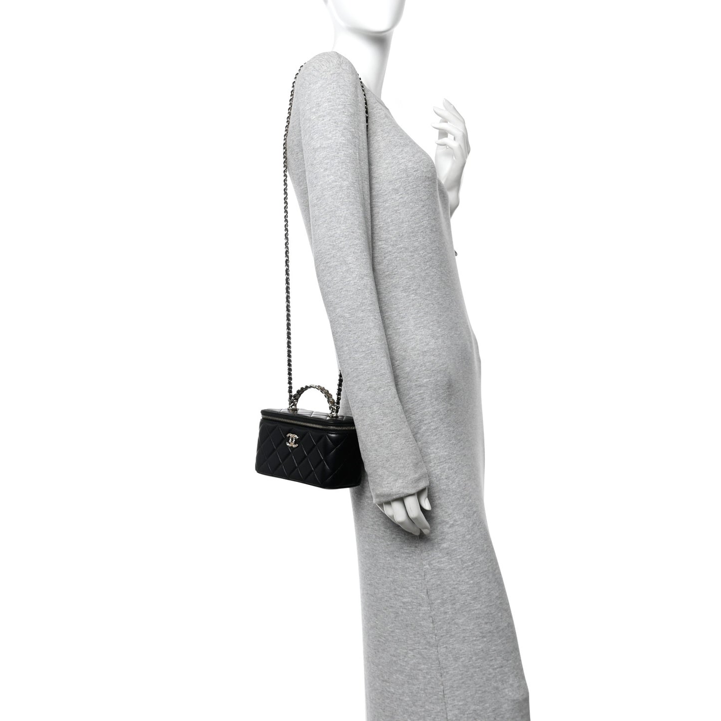 Lambskin Quilted Crystal Small Top Handle Vanity Case With Chain Black
