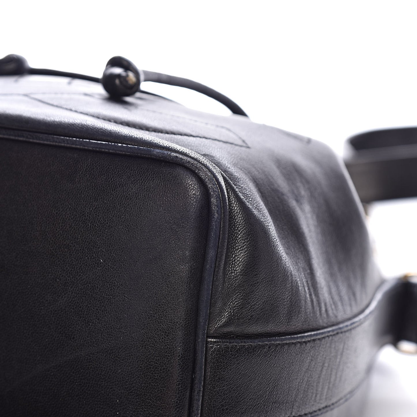 Lambskin CC Stitched Drawstring Bucket Bag Black