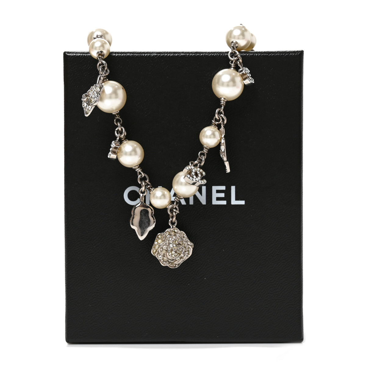 Chanel Crystal Pearl CC Camellia Charm Short Necklace Silver 5 of 5