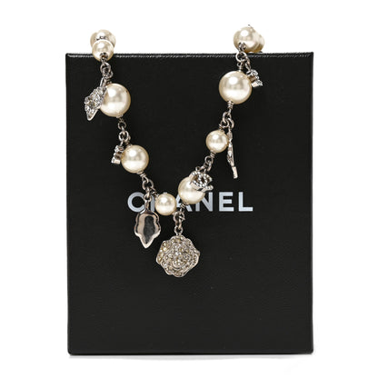 Chanel Crystal Pearl CC Camellia Charm Short Necklace Silver 5 of 5