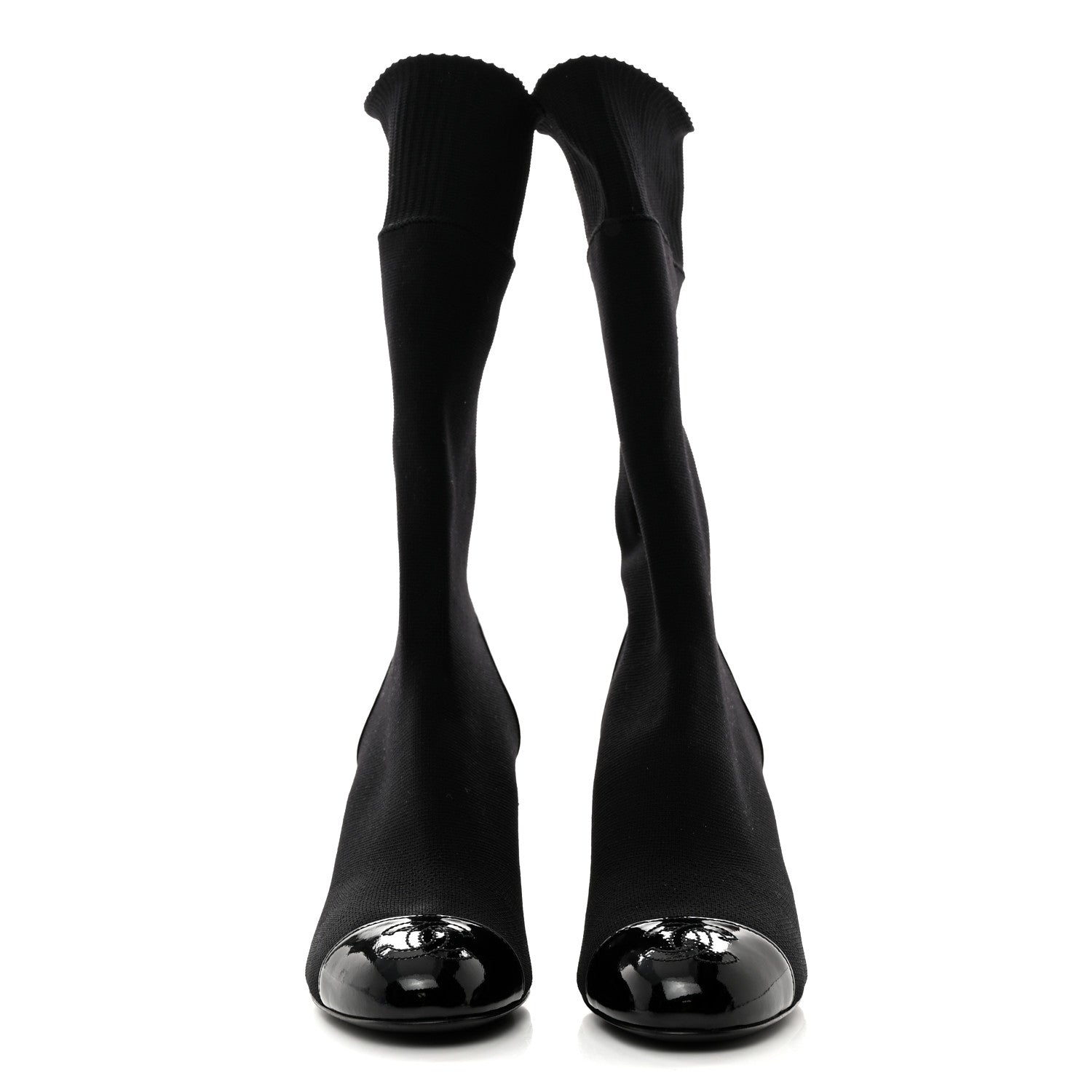 Chanel Patent Knit Cap Toe CC Sock Boots 35.5 Black 2 of 8
