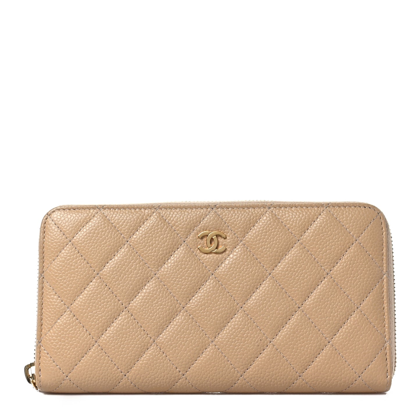 Iridescent Caviar Quilted Large Gusset Zip Around Wallet Beige Clair