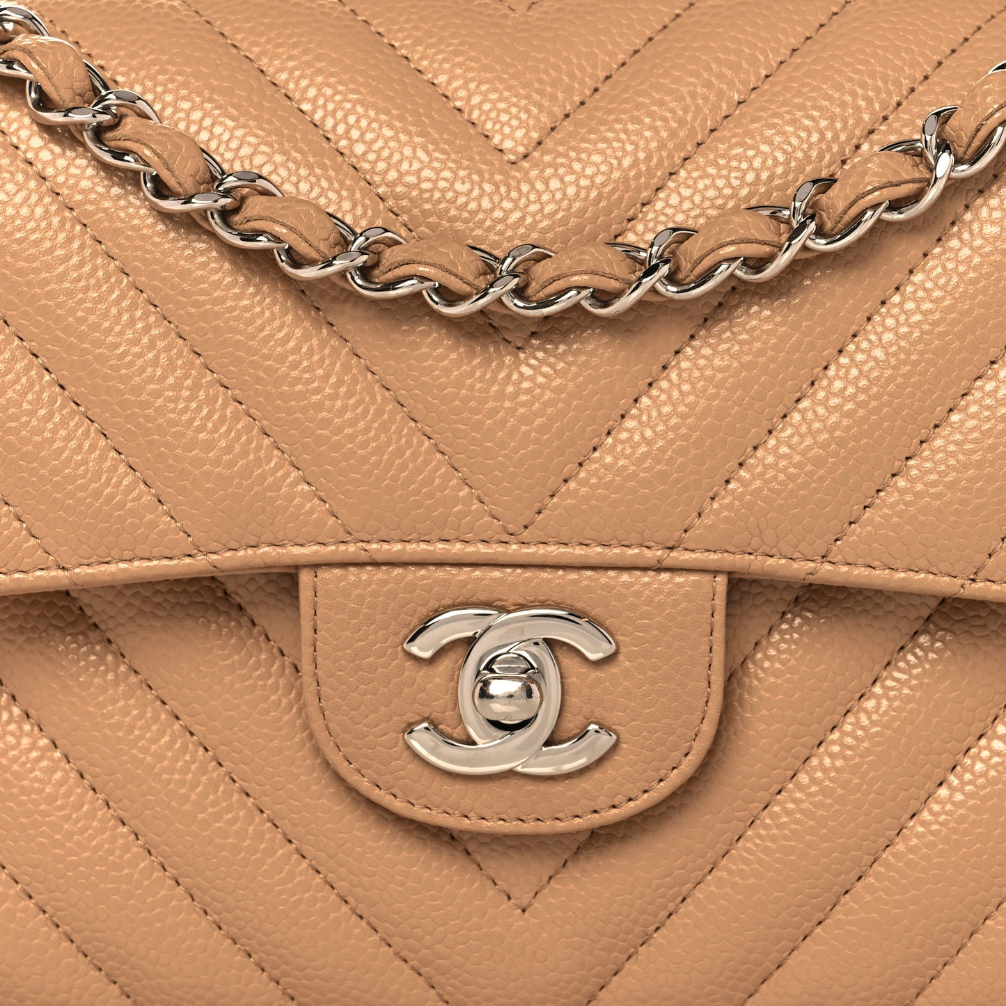 Caviar Chevron Quilted Small Double Flap Beige