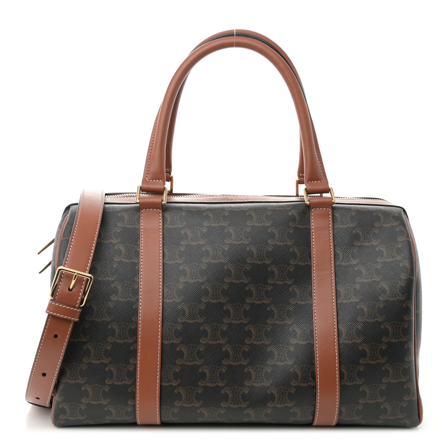 Celine Triomphe Canvas Calfskin Boston Bag Tan 1 of 10