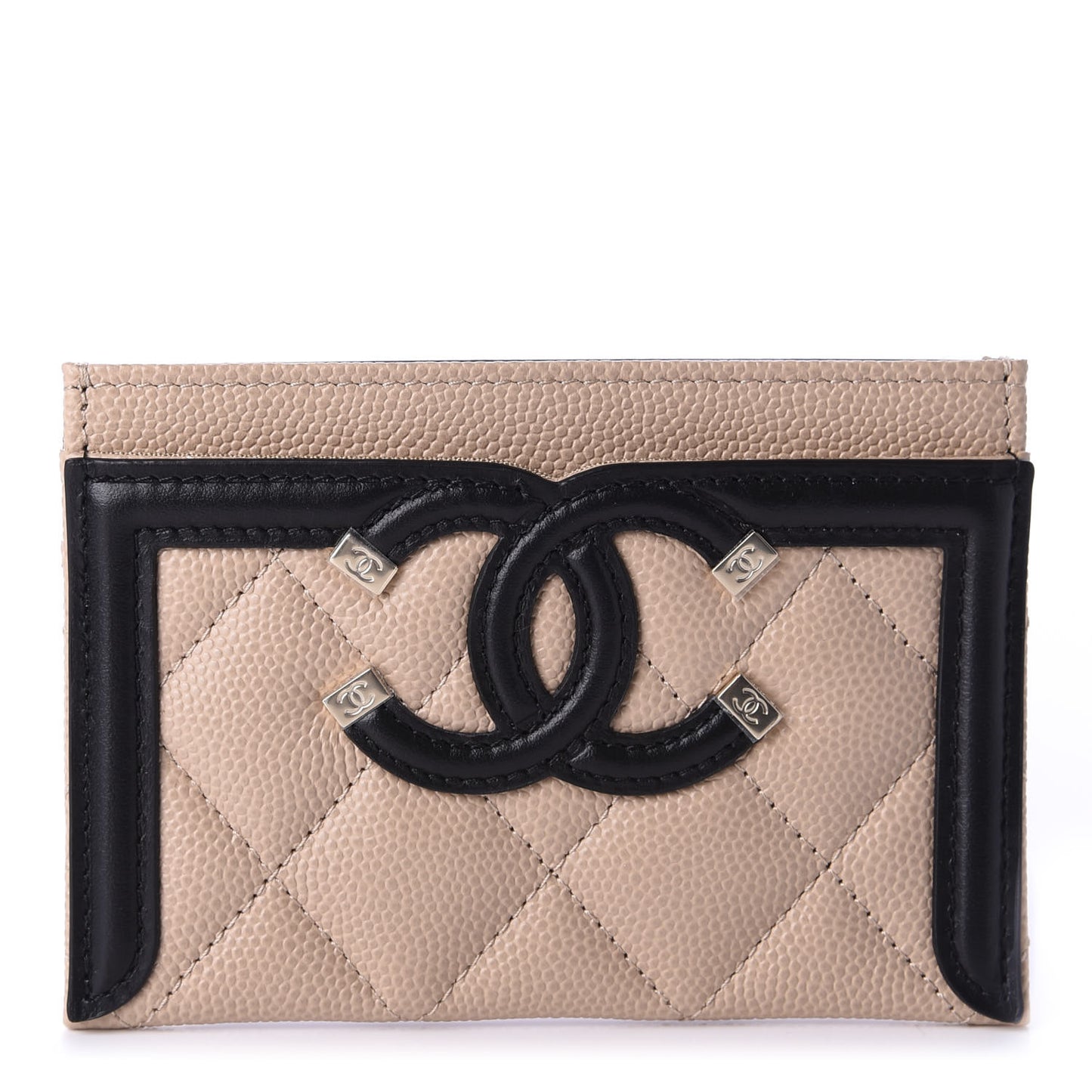 Caviar Quilted Filigree Card Holder Beige Black