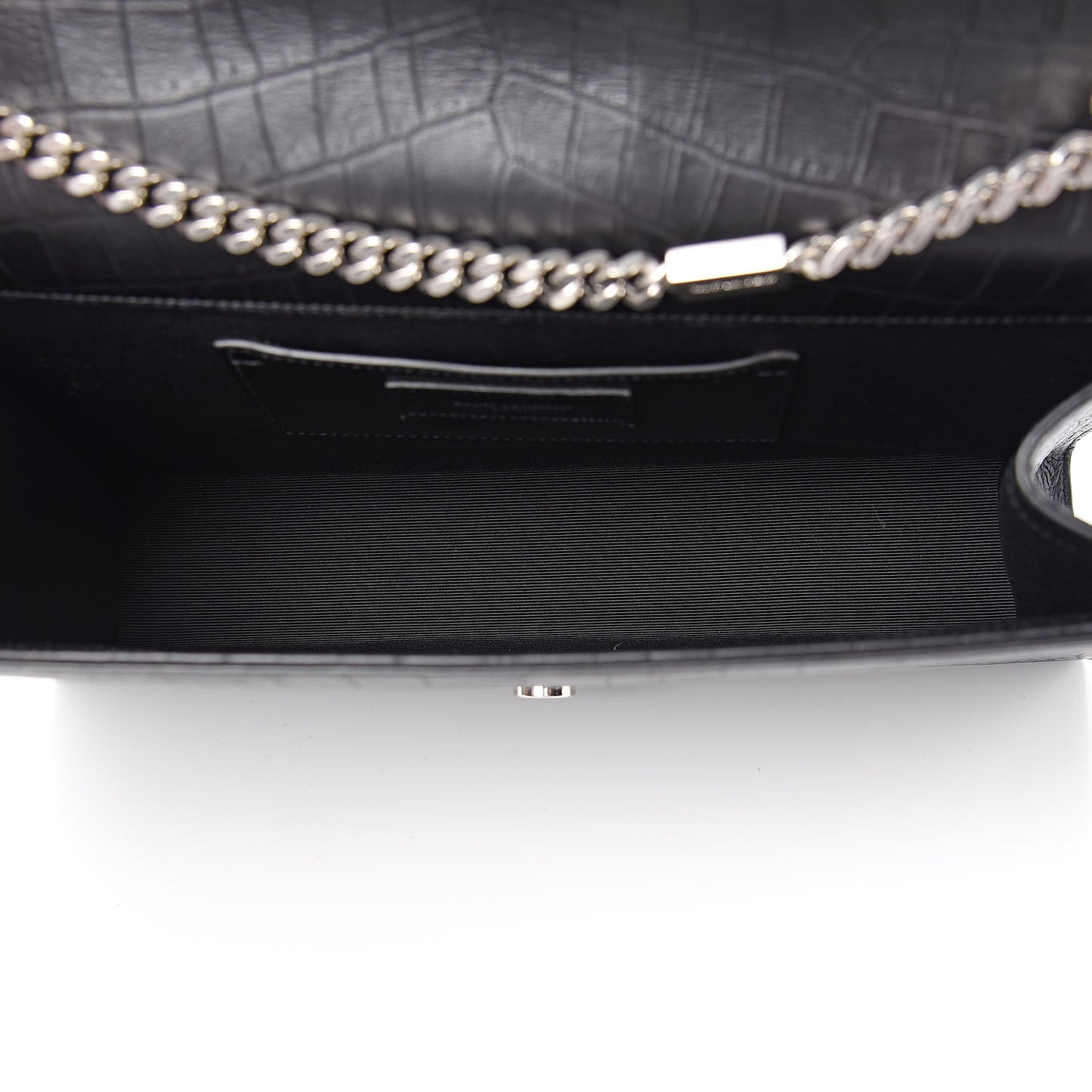 Calfskin Crocodile Embossed Large Classic Monogram Kate Satchel Black