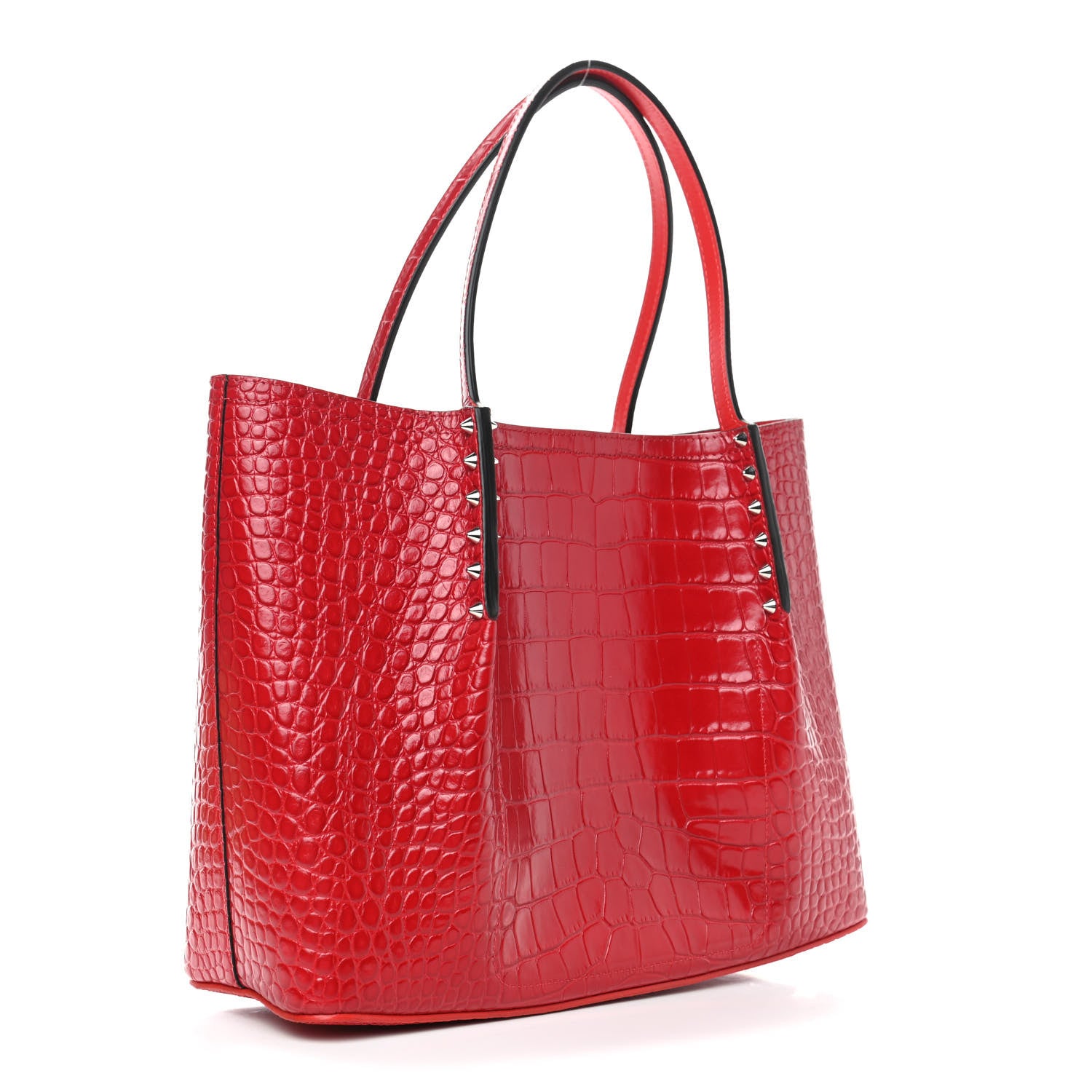 Christian Louboutin Crocodile Embossed Calfskin Spiked Small Cabarock Shopper Tote Red 2 of 4
