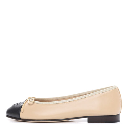 Chanel Lambskin CC Cap Toe Ballerina Flats 36.5 Beige Black 1 of 9