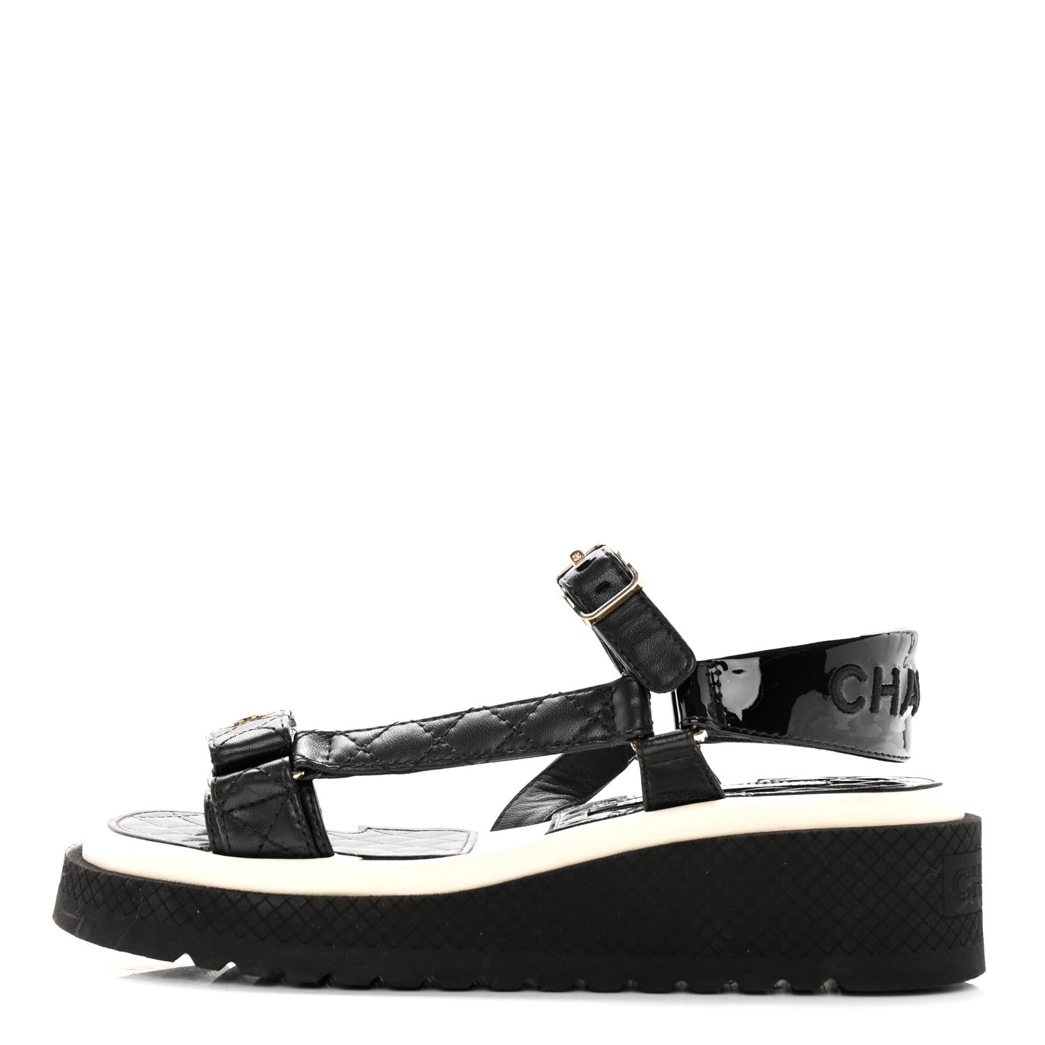Chanel Lambskin Patent Logo Platform Sandals 37 Black White 1 of 12