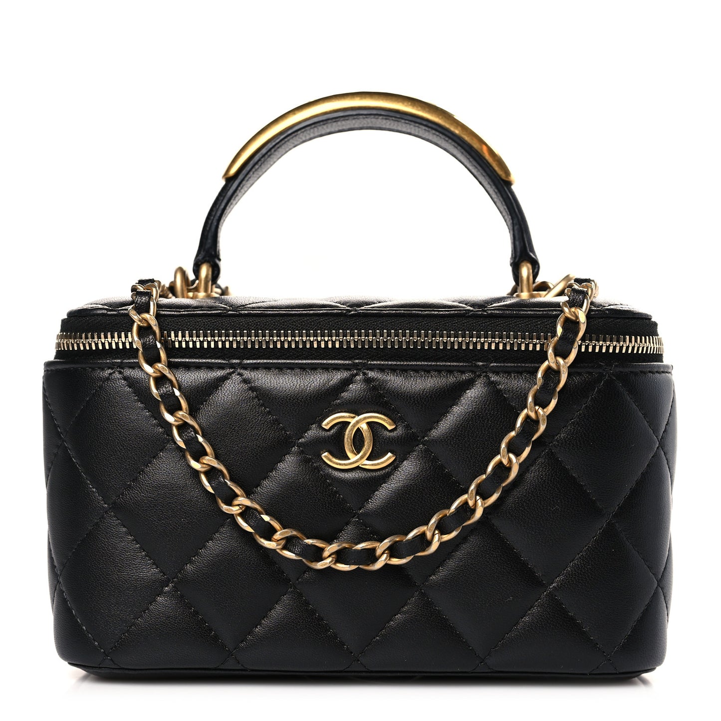 Lambskin Quilted Metal Small Top Handle Vanity Case With Chain Black