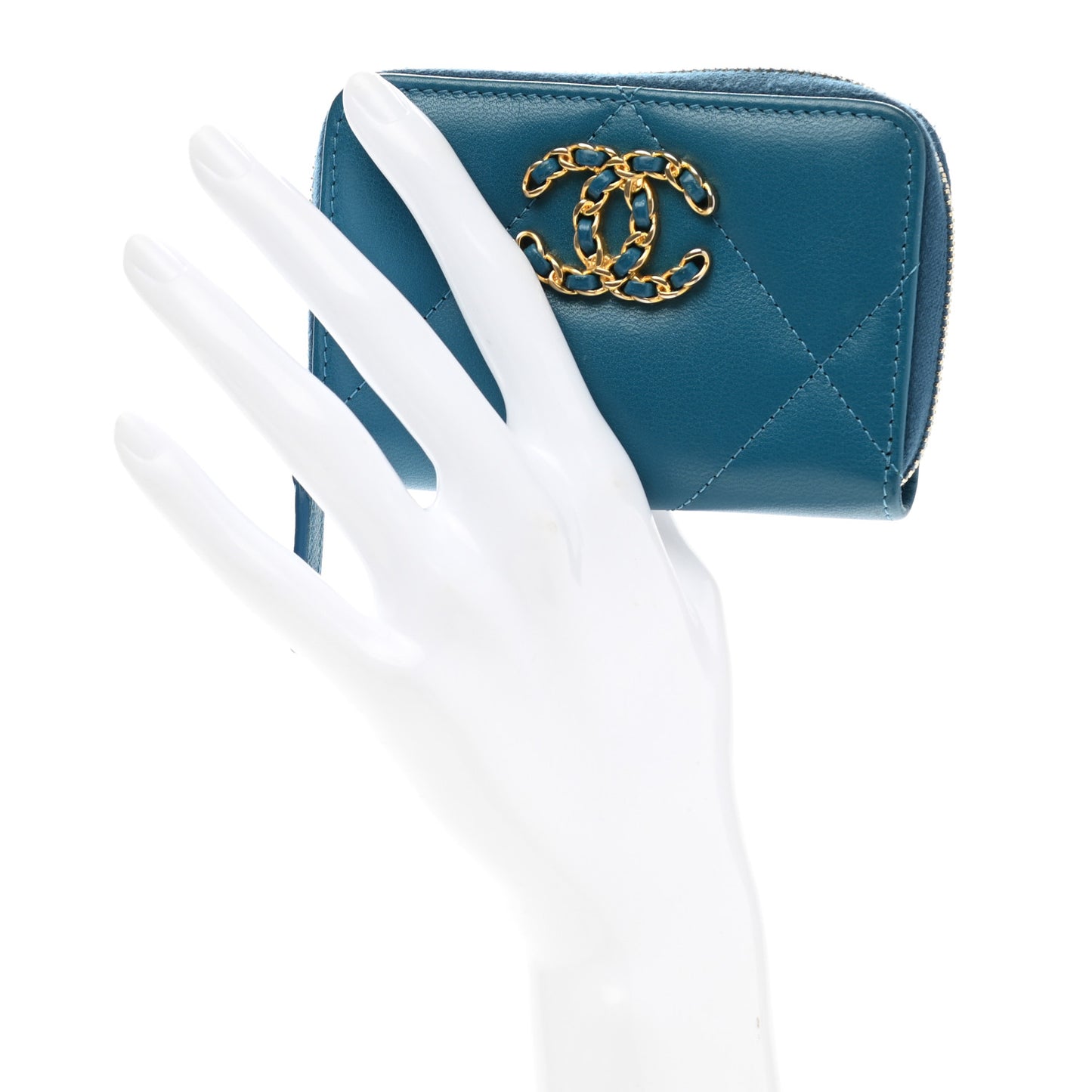 Goatskin Quilted Chanel 19 Zip Around Coin Purse Wallet Turquoise