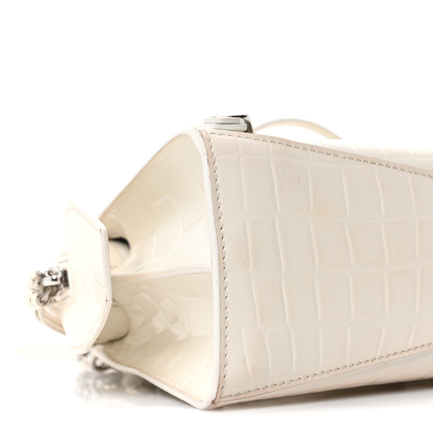 Semi Shiny Calfskin Crocodile Embossed Neo Classic Silver Hardware Nano City Crossbody White