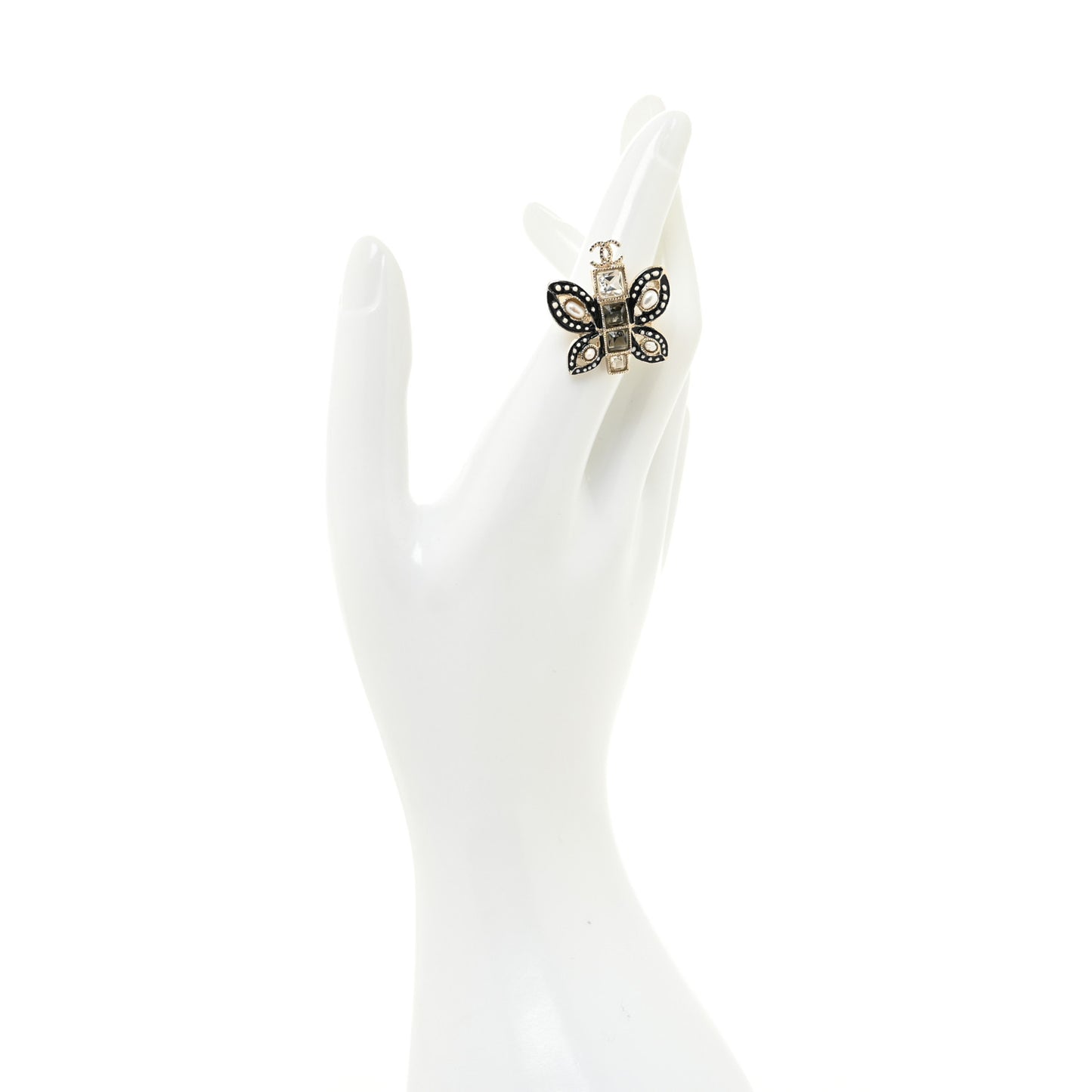 Enamel Crystal Graduated Pearl Butterfly CC Ring 6 52 Gold Black