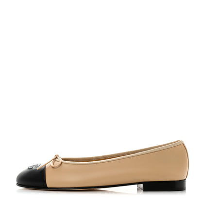 Chanel Lambskin Cap Toe CC Ballerina Flats 39 Beige Black 1 of 9